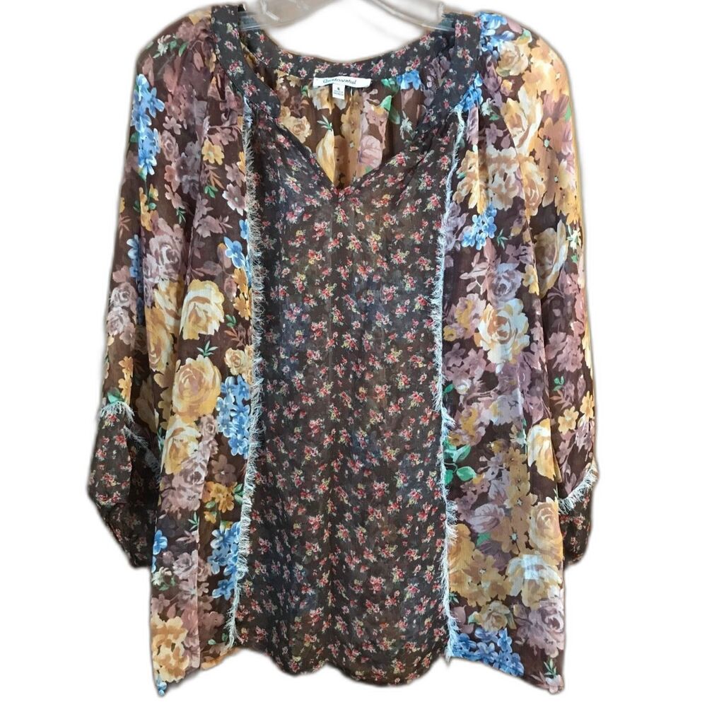 Quintessential Peasant Blouse Women's Small Sheer Cottage Floral V-Neck Layered